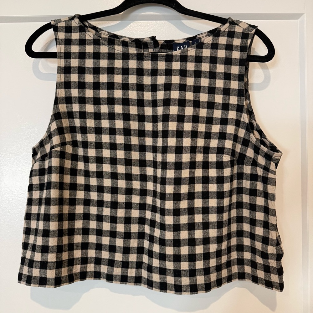 GAP Womens Sleeveless Blouse Black Tan Gingham Plaid Button Back Linen‎